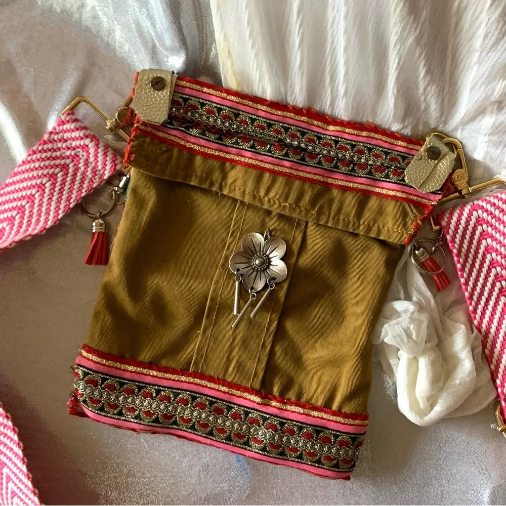 Embroidered Gold and Pink Crossbody Bag. Upcycled - Picture 8 of 8